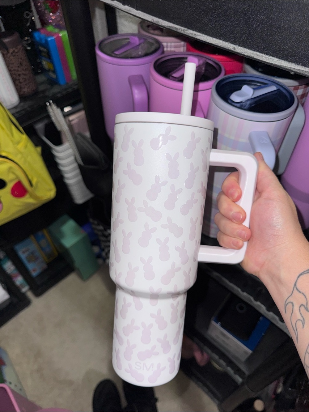 White Travel Tumbler with Light Purple Bunny Print and Handle